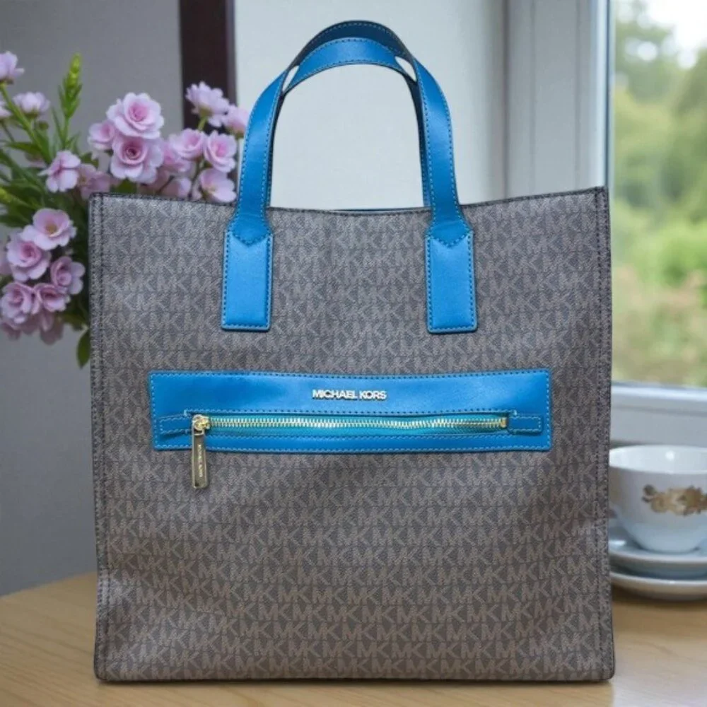 Michael Kors Kenly Brown Blue Lagoon MK Signature Large Tote Shoulder Bag Purse